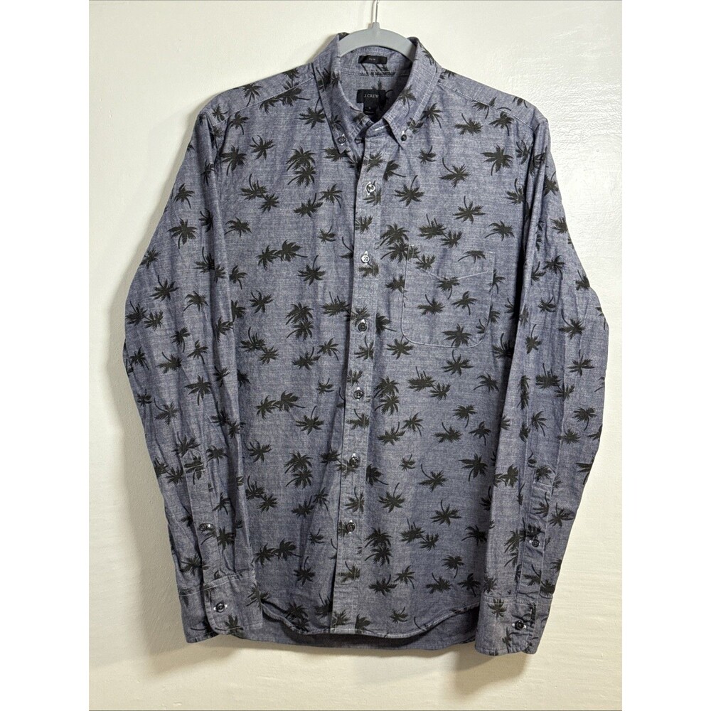 J Crew Shirt Men's Small Slim Fit Gray Chambray Palm Trees Long Sleeve Oxford